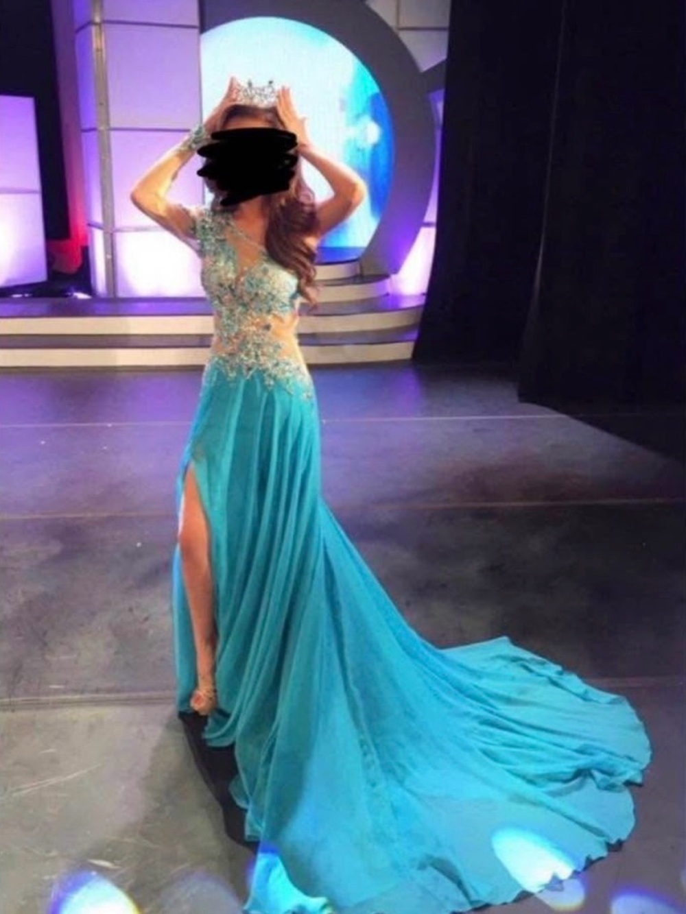 Rachel Allan Turquoise One-Shoulder Prom Gown with Beaded Bodice